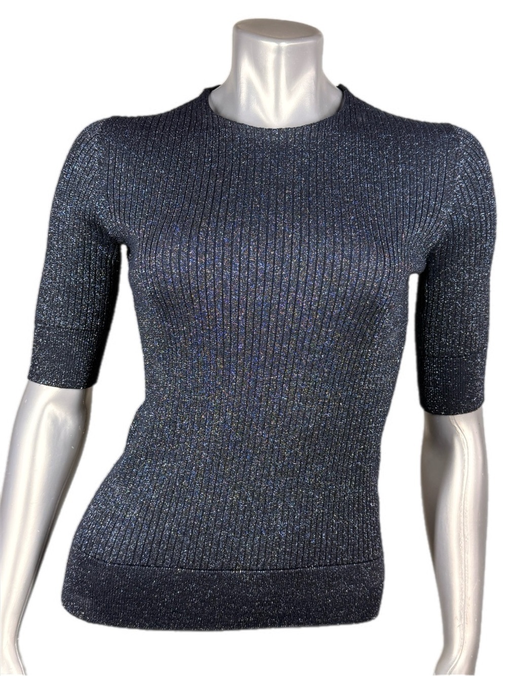 Tory Burch | Navy Blue Ribbed Short-Sleeve Metallic Knit Top - Silver Sparkle - Picture 9 of 14